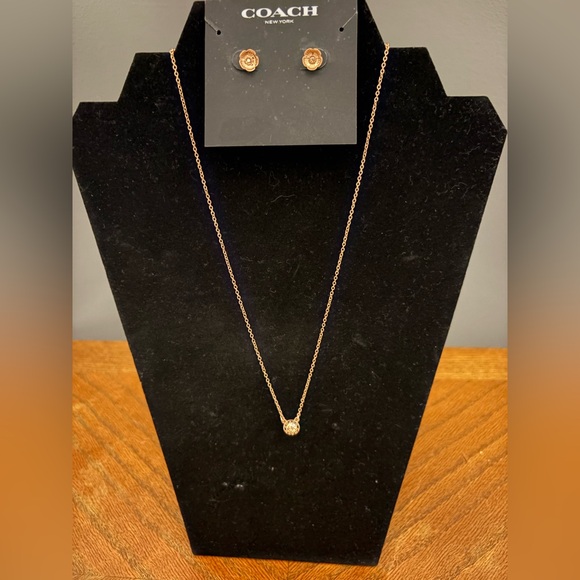 Coach Jewelry - Coach Open Circle Rose Gold Necklace with Tea Rose Earrings